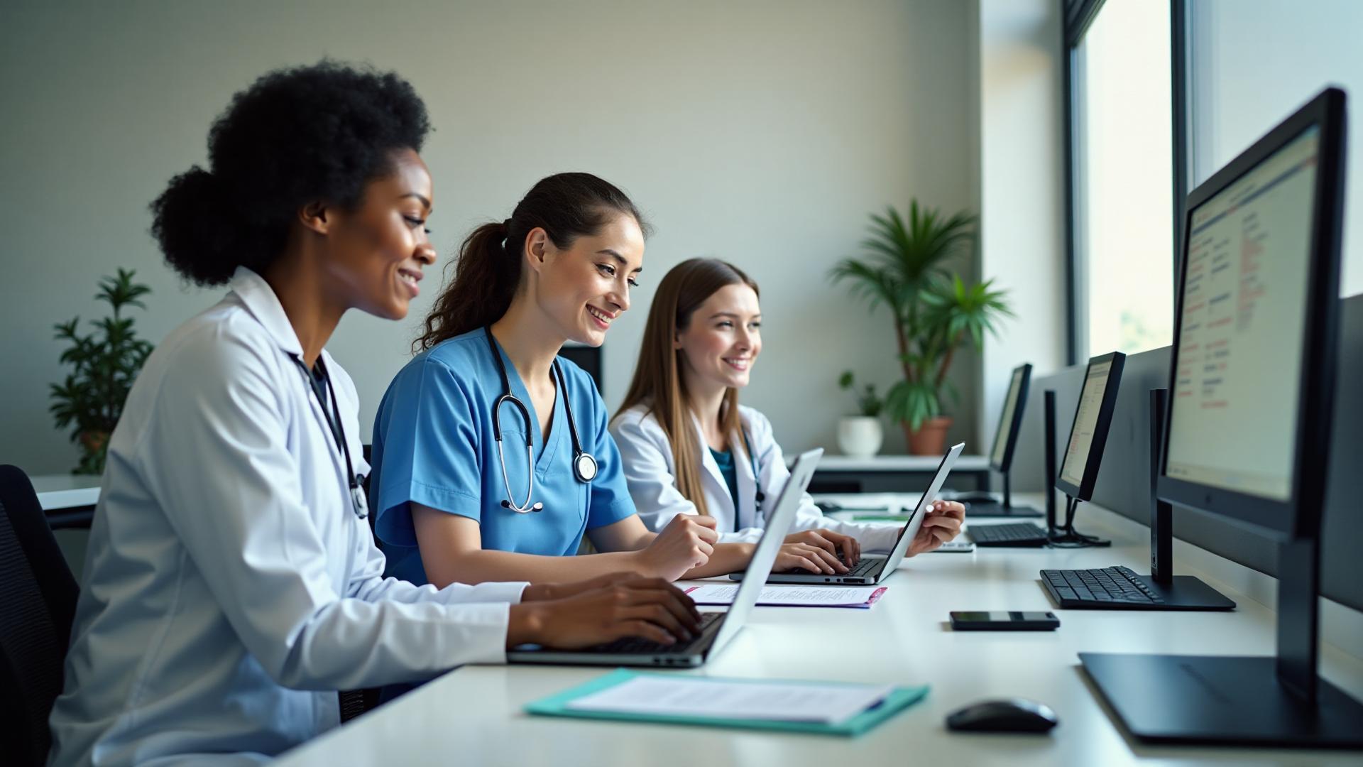 Diverse healthcare professionals collaborating in modern office environment