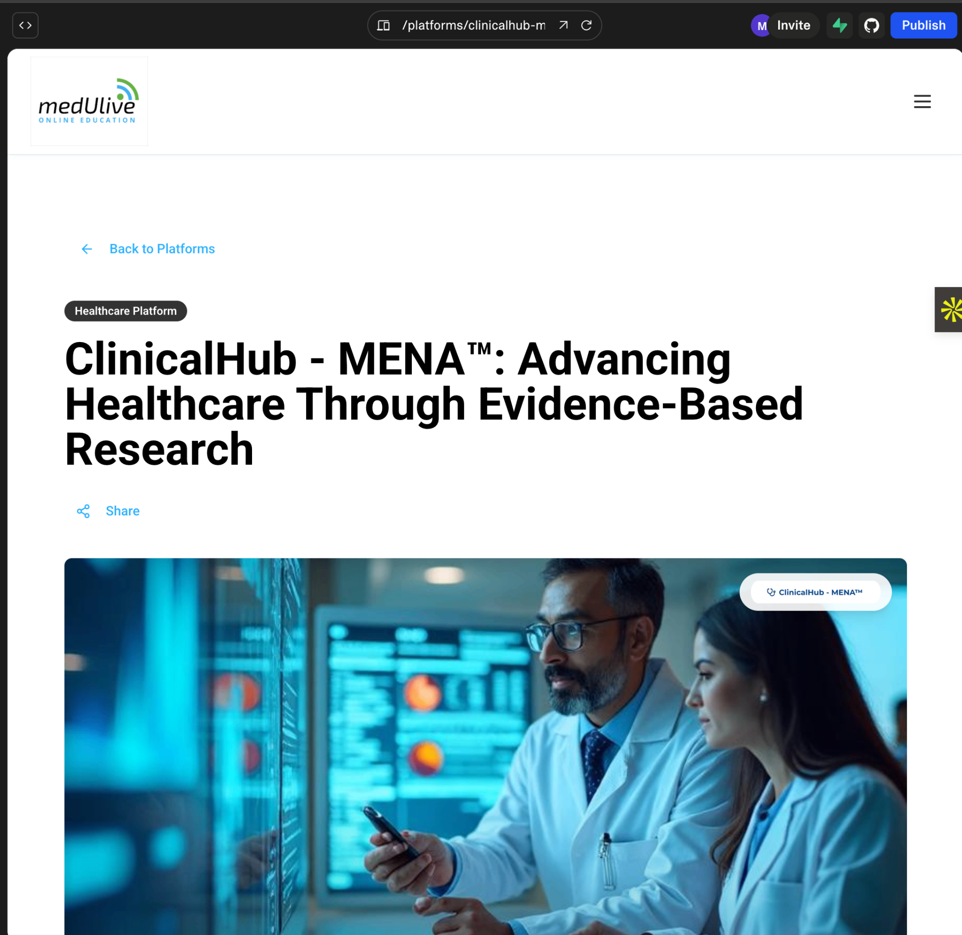 ClinicalHub MENA platform interface showing healthcare professionals accessing medical research and educational content