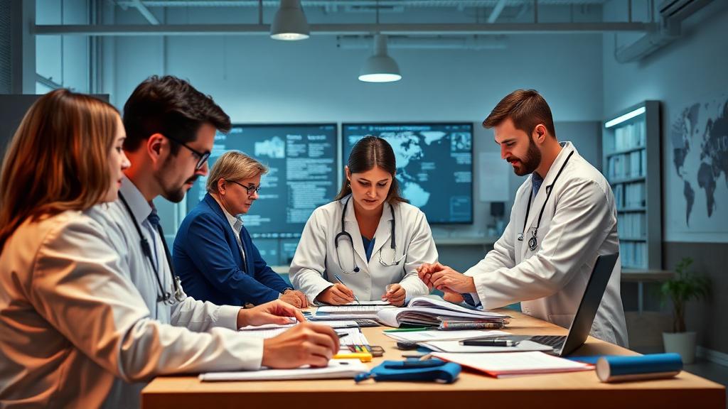 Healthcare professionals reviewing evidence-based research and data for messaging strategy