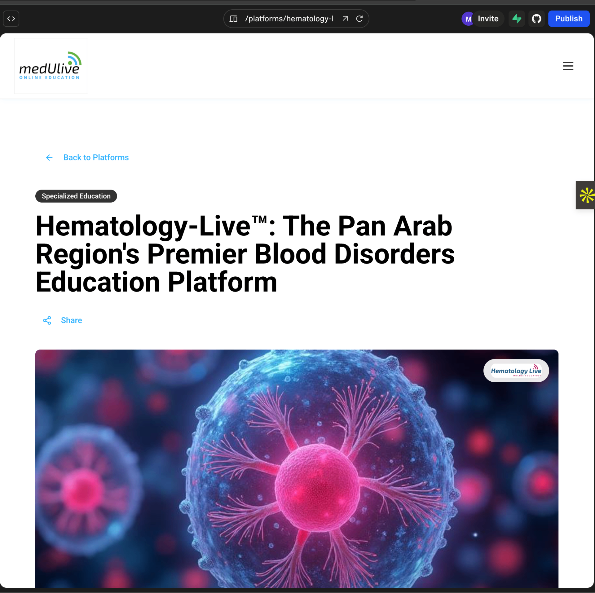 Hematology-Live platform showing interactive hematology education sessions with expert physicians and case studies